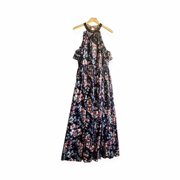 Marchesa Notte Blue Floral Halter Maxi Dress, Size 12 - Picture 2 of 16